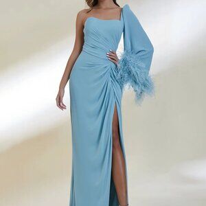 Light Blue One Sleeve Feather Detail Gown